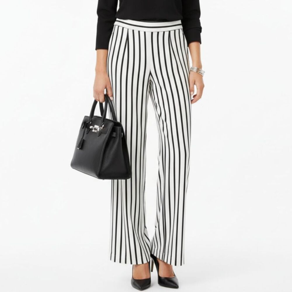 Lena Gabriella Black & White Striped Wide Leg High Waist Palazzo Pants 10